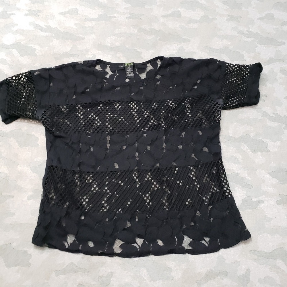 Shannon Ford NY Top Womens XL Black Short Sleeve Floral Lace Goth Chic Layering